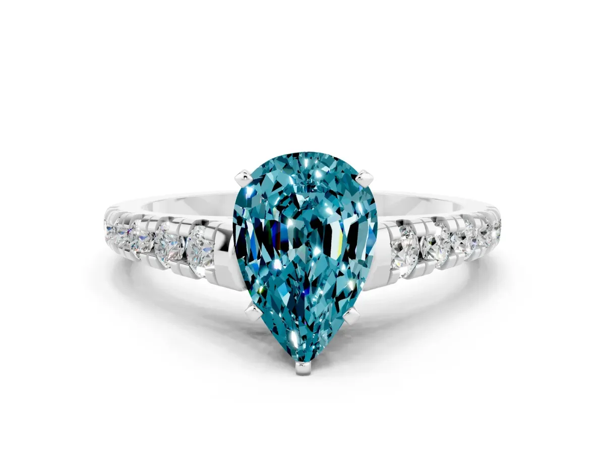 Pear Cut Blue Topaz Cathedral Solitaire Ring with Round Pavé Band Silver