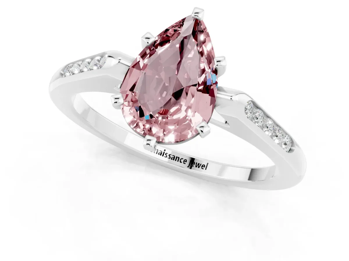 Pear Cut Morganite Solitaire Ring with Channel Set Round Band and Prong Setting Silver