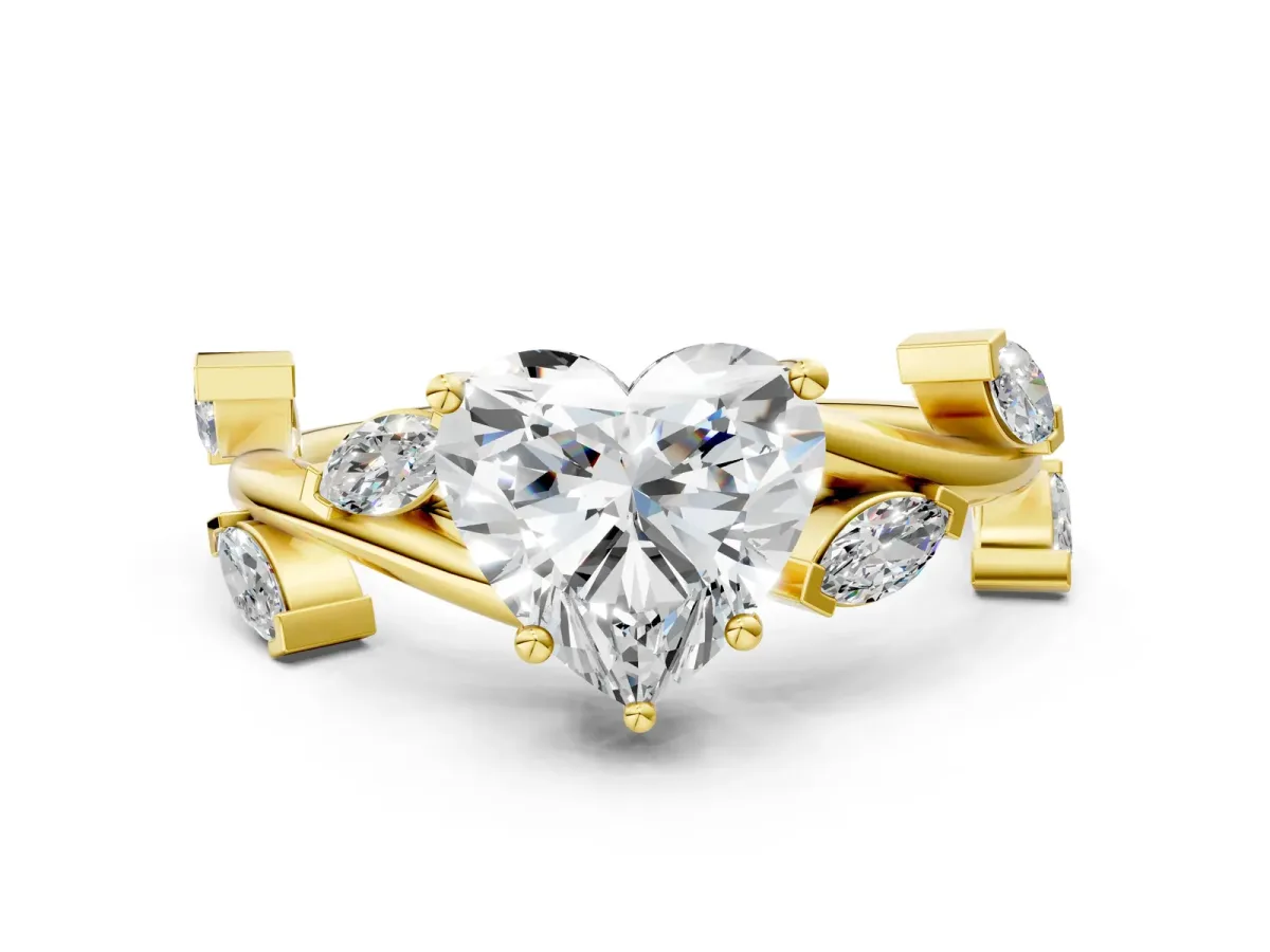 Heart Cut Solitaire Twisted Band Marquise Accent Prong Setting Ring Yellow gold