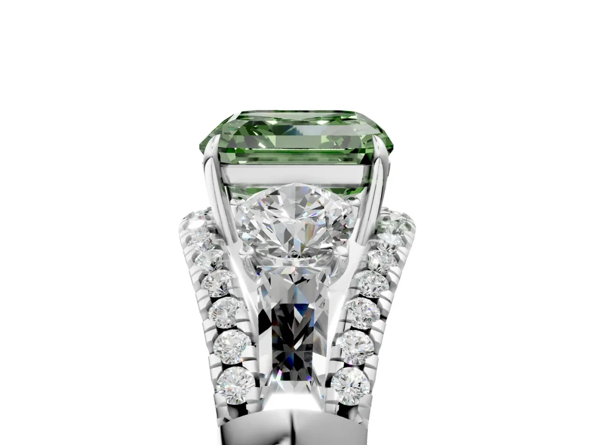Fancy Green Three-Stone Asscher Cut Diamond Engagement Ring with Pave Band and Prong Setting Platinum