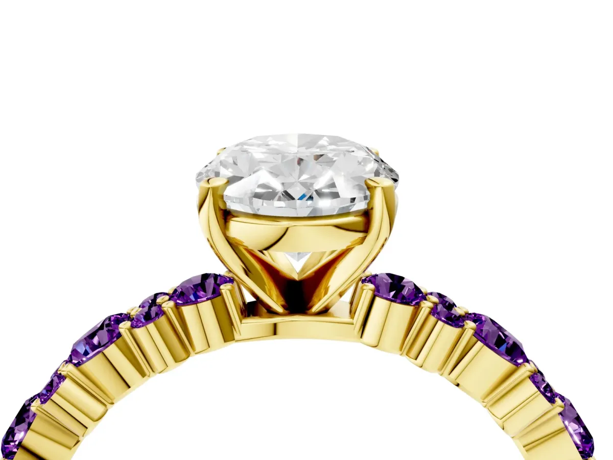 Oval Cut Diamond Side Stone Solitaire Ring with Round Amethyst and Four-Prong Setting Yellow gold