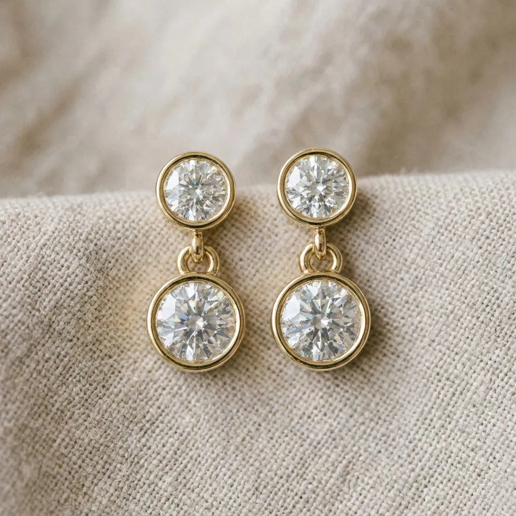 Bezel-Set Round Cut Drop Earrings with Post Back Yellow gold
