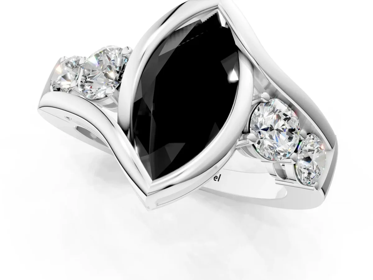 Fancy Black Bezel Set Marquise Cut Diamond Bypass Ring with Round Accents Silver