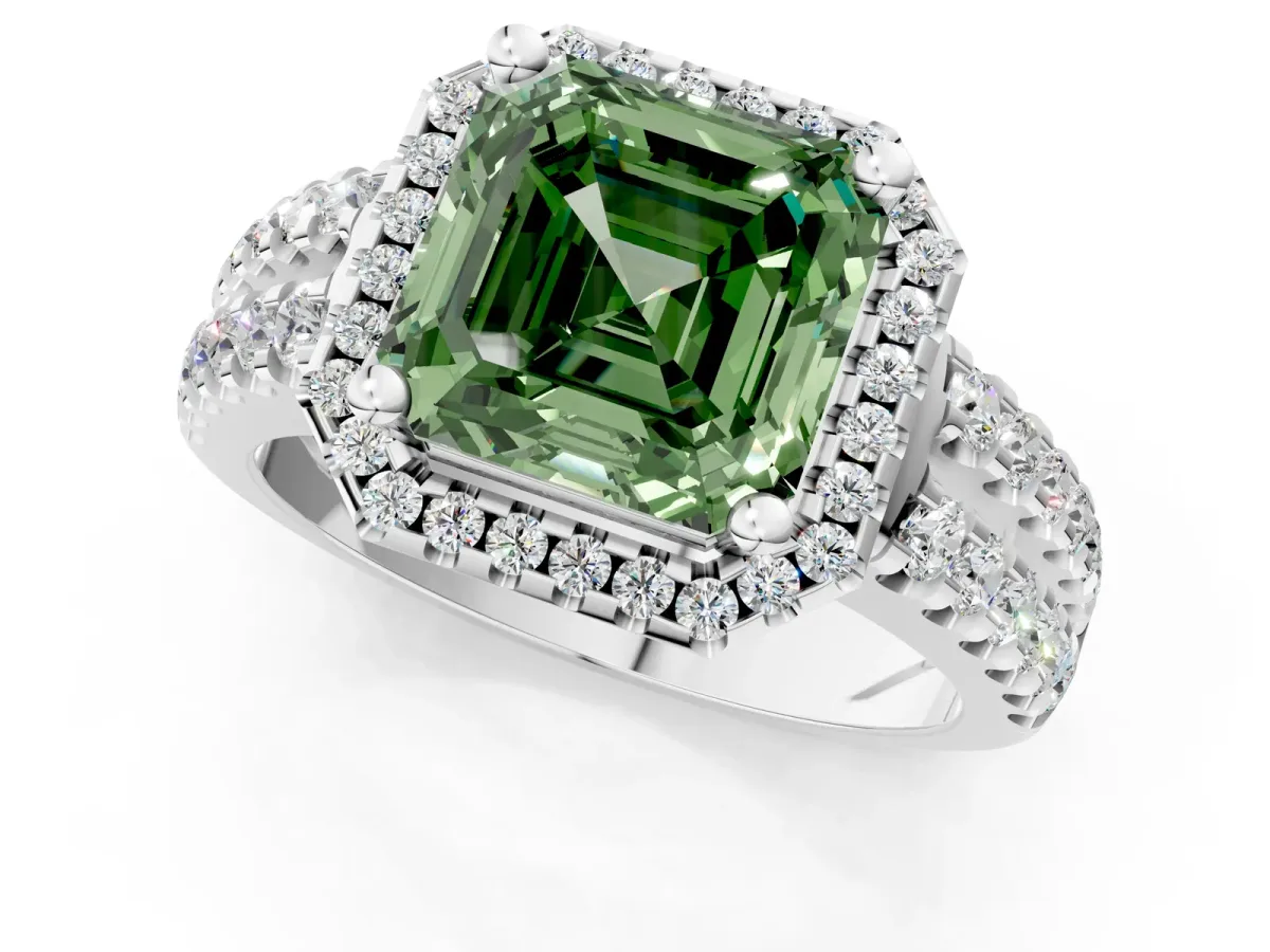 Fancy Green Asscher Cut Halo Diamond Split Shank Engagement Ring with Prong Setting Platinum