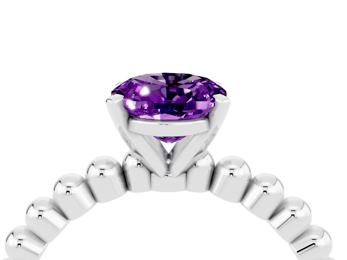 Oval Cut Amethyst Solitaire Ring with Beaded Band and Prong Setting Platinum