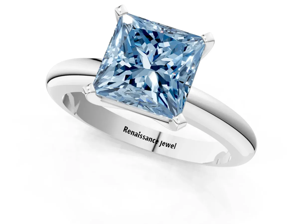 Fancy Blue Princess Cut Diamond Solitaire Engagement Ring with Round Band and Four-Prong Setting Silver
