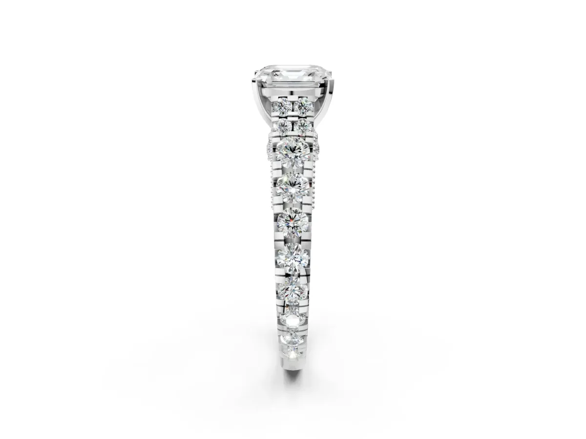 Asscher Cut Diamond Classic Solitaire Ring with Pavé Band and Four-Prong Setting Platinum