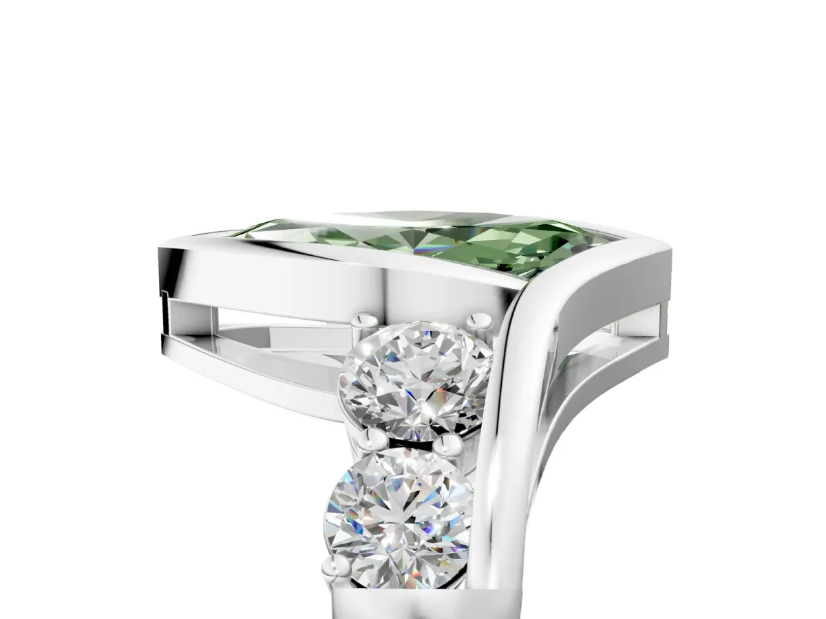Fancy Green Bezel Set Marquise Cut Diamond Bypass Ring with Round Accents Silver