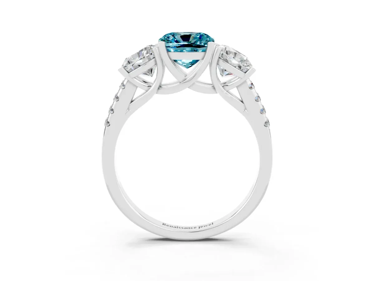 Three-Stone Cushion Cut Blue Topaz Ring with Round Pavé Band and Prong Setting Silver