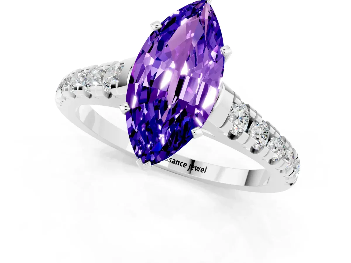 Marquise Cut Tanzanite Cathedral Solitaire Ring with Round Pavé Band Silver