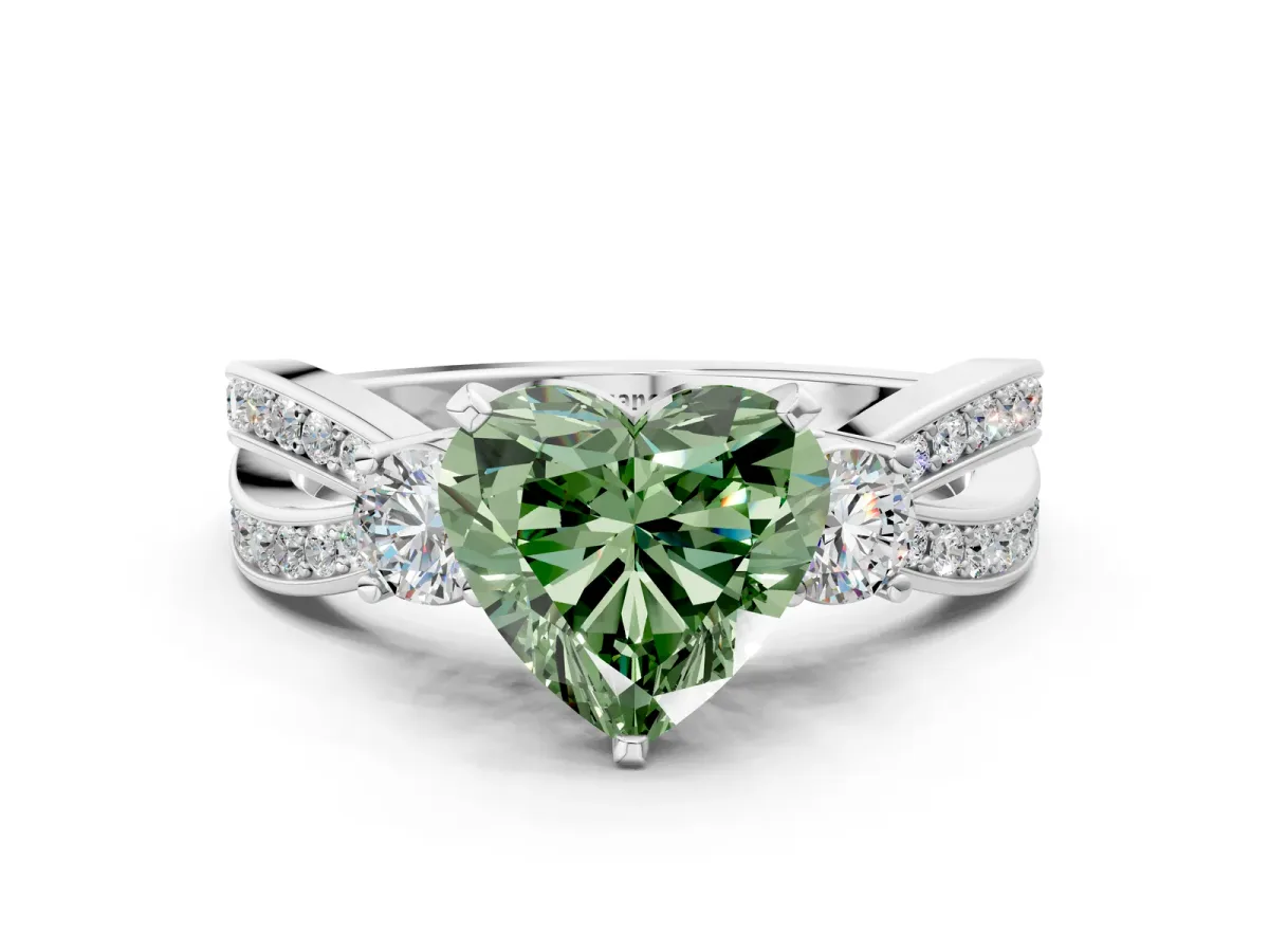 Fancy Green Three-Stone Heart Cut Cut Diamond Twist Band with Prong Setting Platinum