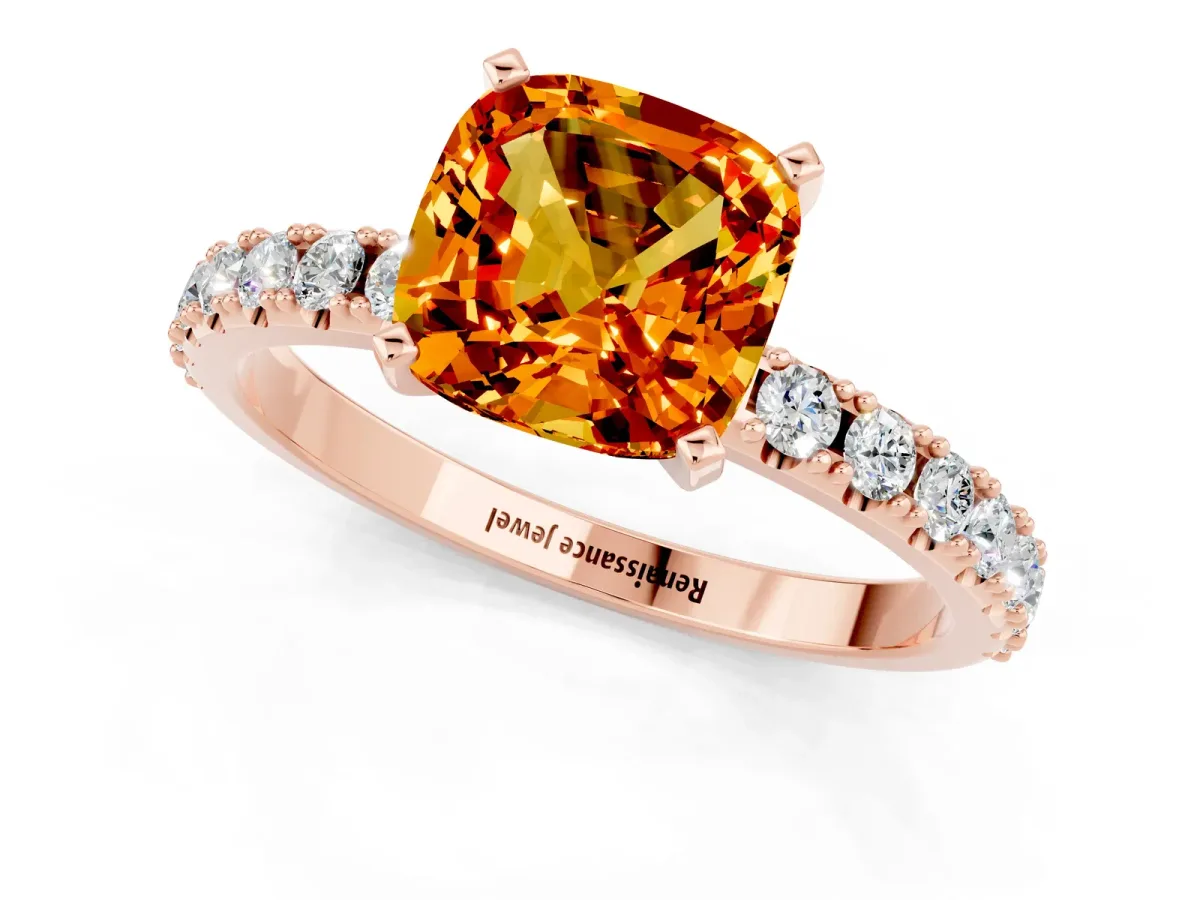 Cushion Cut Citrine Solitaire Pavé Band with Four-Prong Setting Rose gold