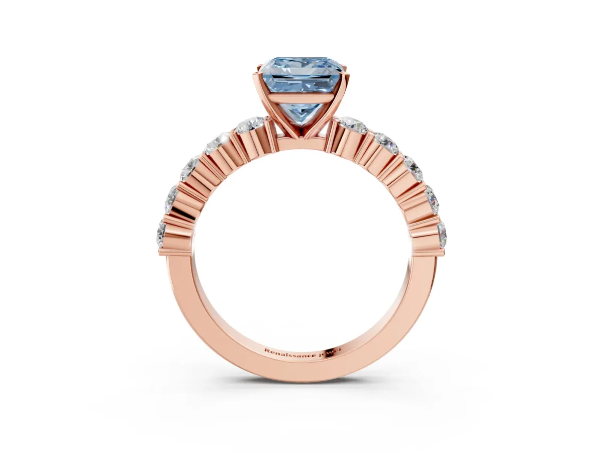 Fancy Blue Princess Cut Diamond Solitaire Ring with Shared Prong Round Side Stones Rose gold