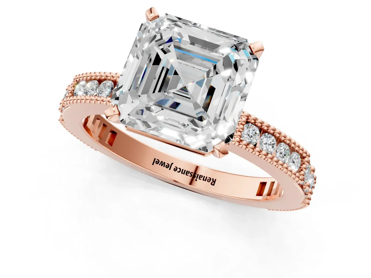Asscher Cut Solitaire with Pavé Band and Four-Prong Setting Rose gold