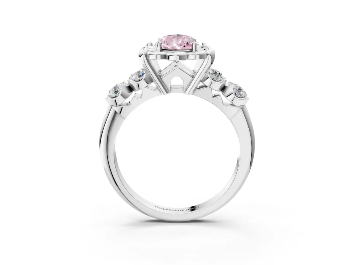 Fancy Pink Pear Cut Cut Diamond Floral Halo Engagement Ring with Shared Prong Setting Silver