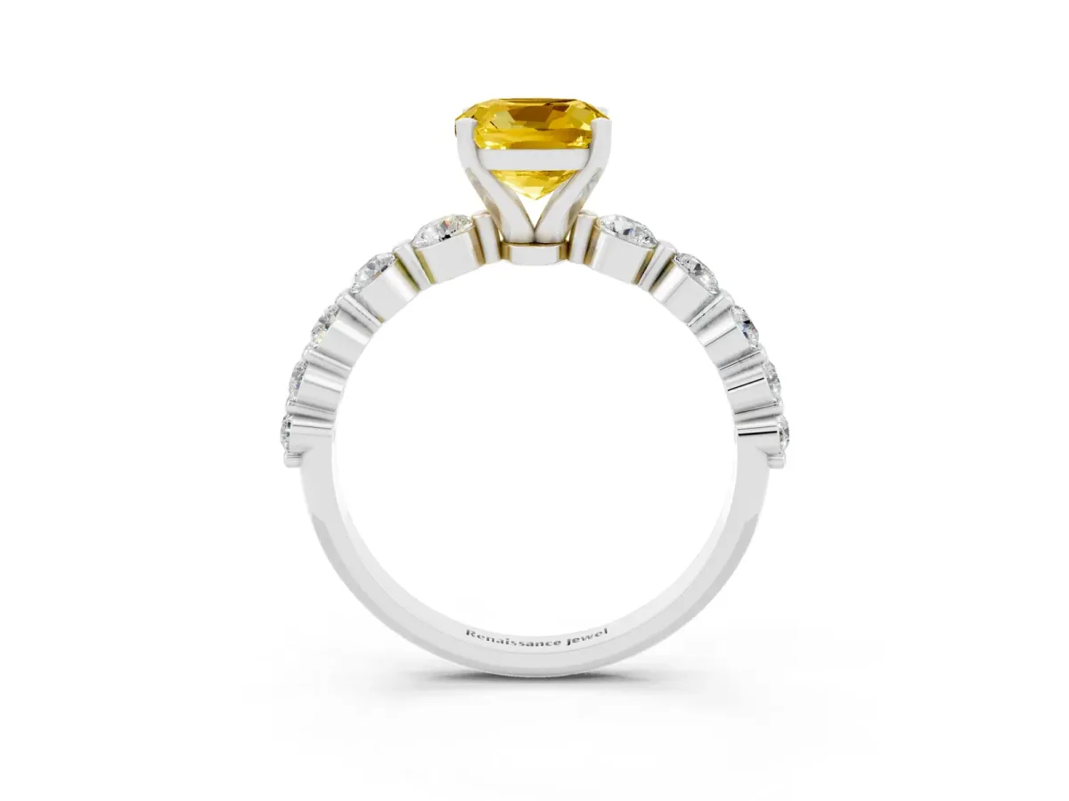 Cushion Cut Solitaire Yellow Sapphire Ring with Pave Band and Four-Prong Setting Silver