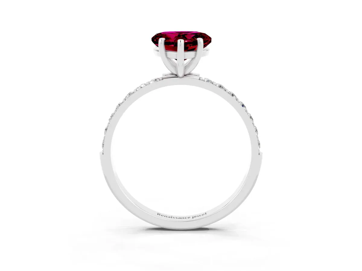 Heart Cut Garnet Solitaire Ring with Round Pavé Band and Prong Setting Silver