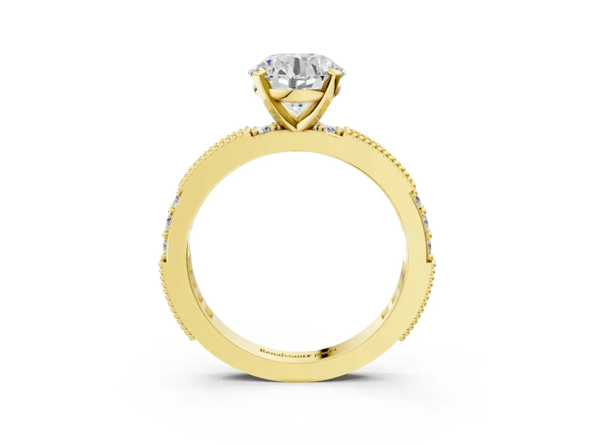 Round Cut Solitaire with Pavé Band and Four-Prong Setting Yellow gold