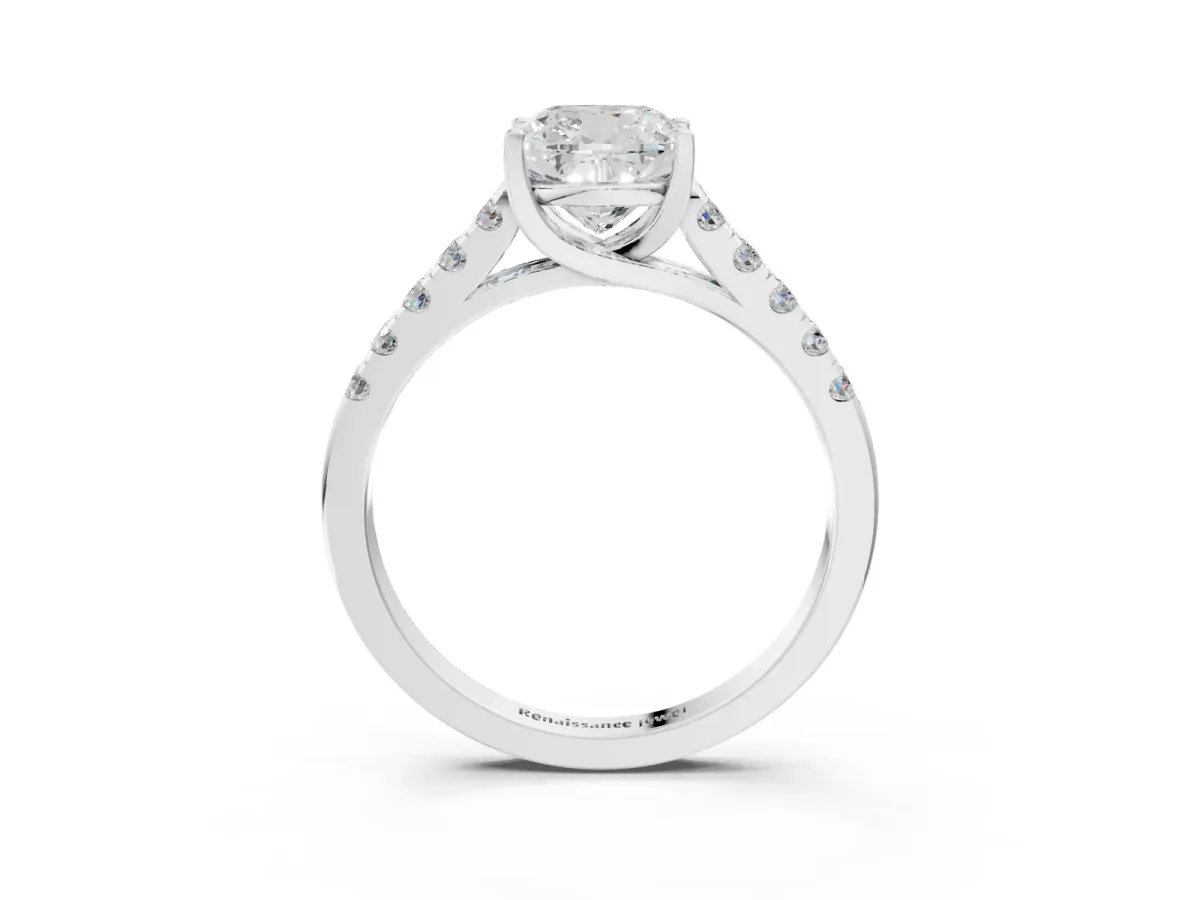 Cushion Cut Diamond Pavé Band Solitaire Ring with Prong Setting Platinum