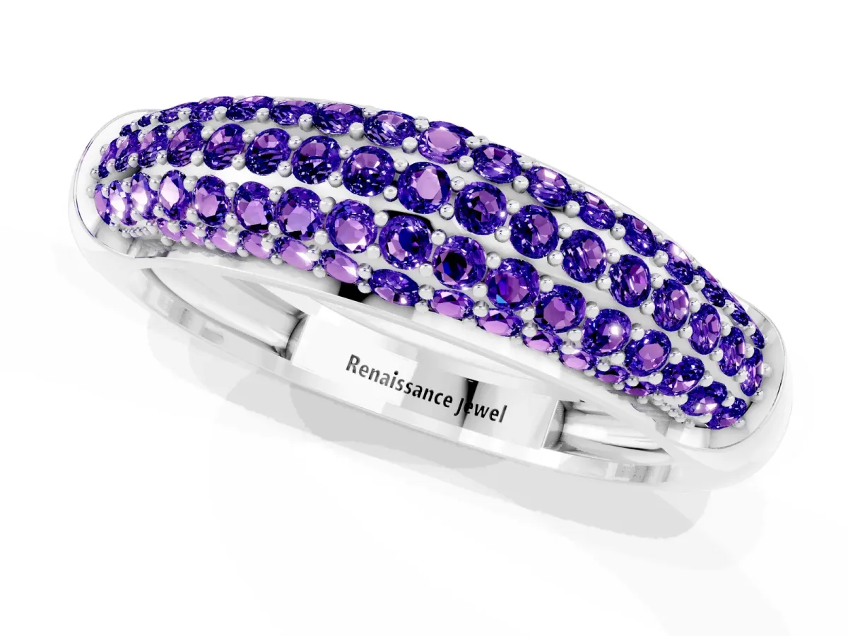 Three-Row Pavé Round Tanzanite Dome Band Silver