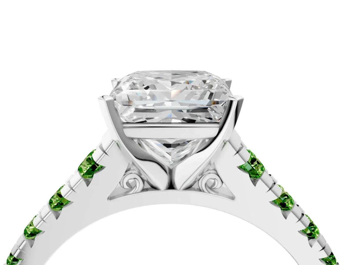 Princess Cut Diamond Cathedral Solitaire Ring with Round Peridot Pavé Band Platinum
