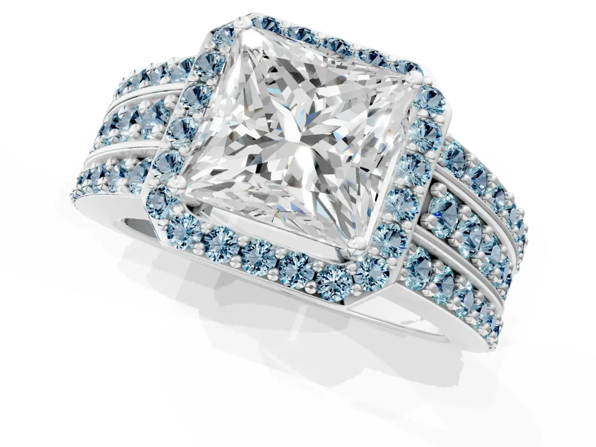 Princess Cut Halo Diamond Ring with Round Aquamarine Split Shank and Prong Setting Silver