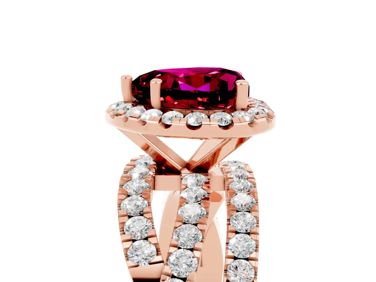 Heart Cut Garnet Halo Ring with Round Split Shank and Prong Setting Rose gold