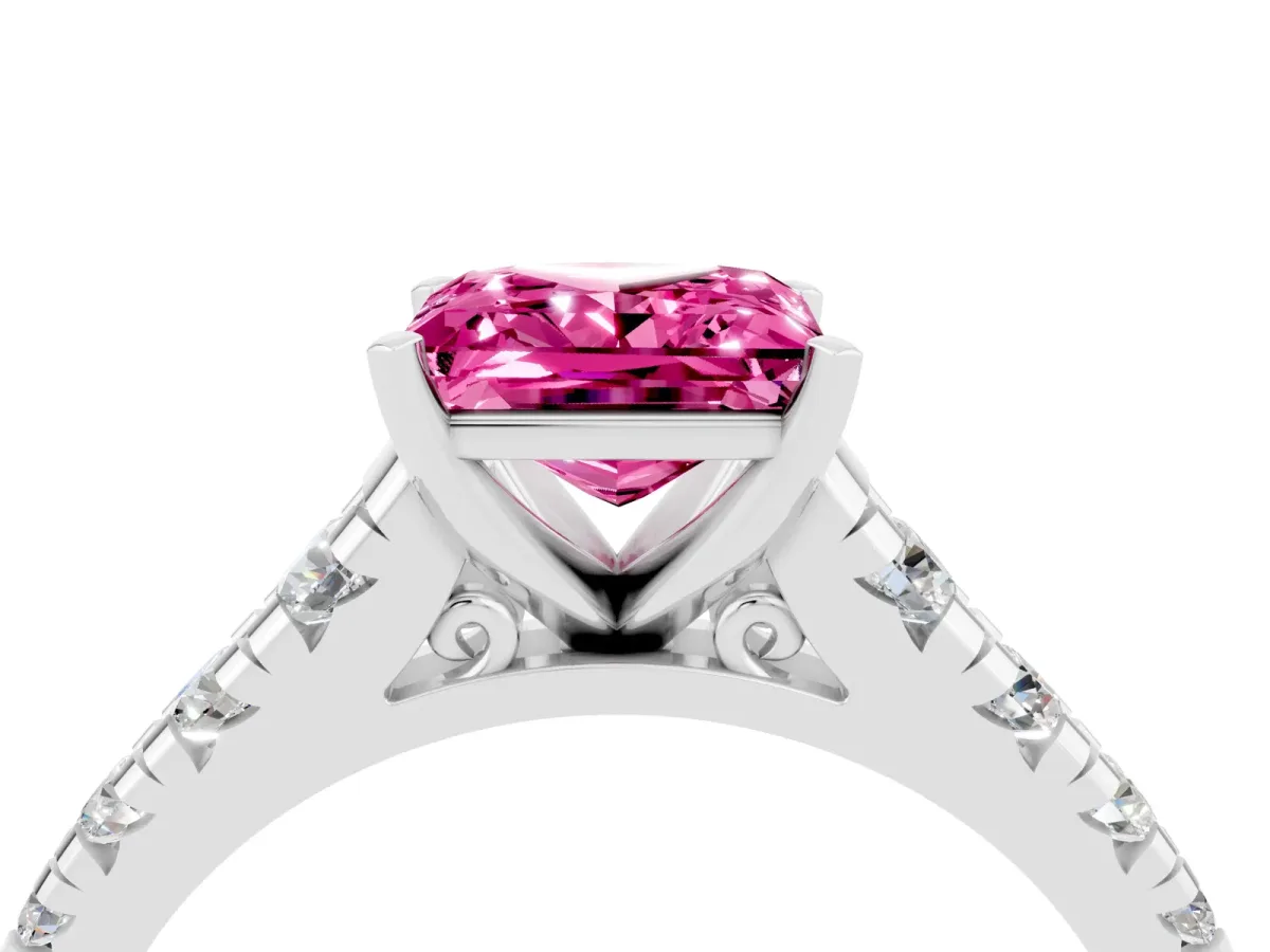 Princess Cut Pink Sapphire Cathedral Solitaire Ring with Round Pavé Band Silver