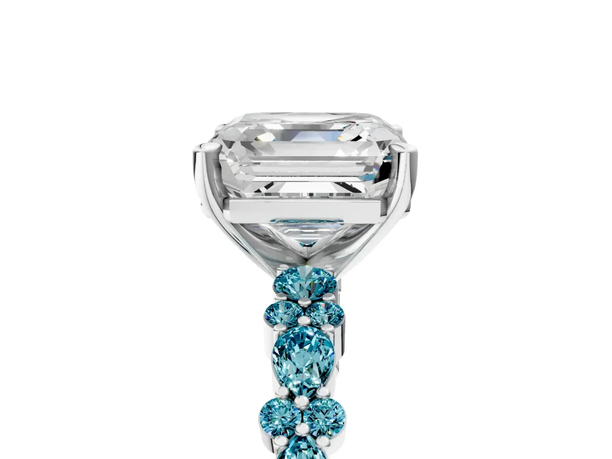 Asscher Cut Diamond Side Stone Solitaire Ring with Round Blue Topaz and Four-Prong Setting Platinum