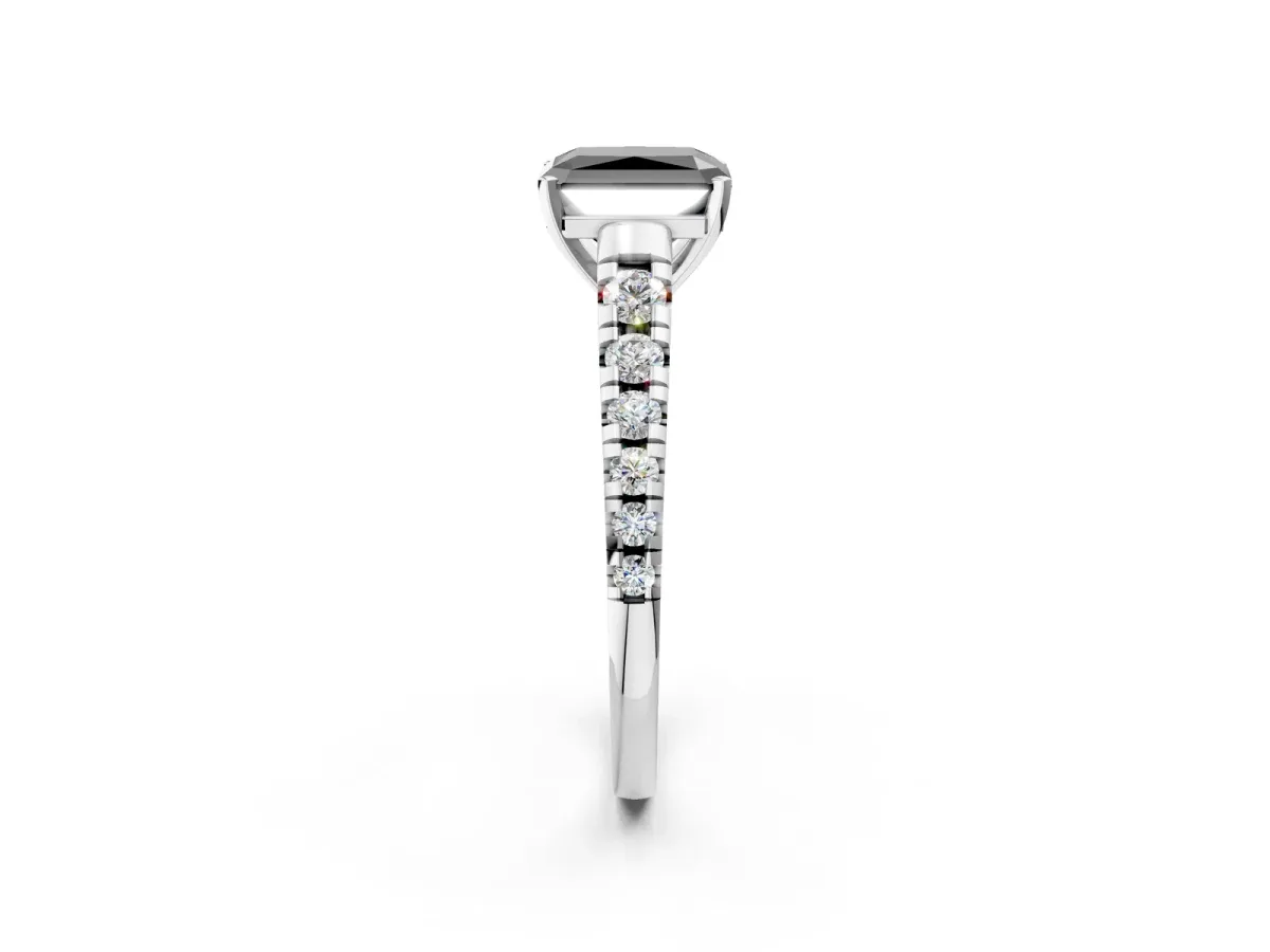 Fancy Black Radiant Cut Diamond Cathedral Solitaire Ring with Round Pavé Band Silver