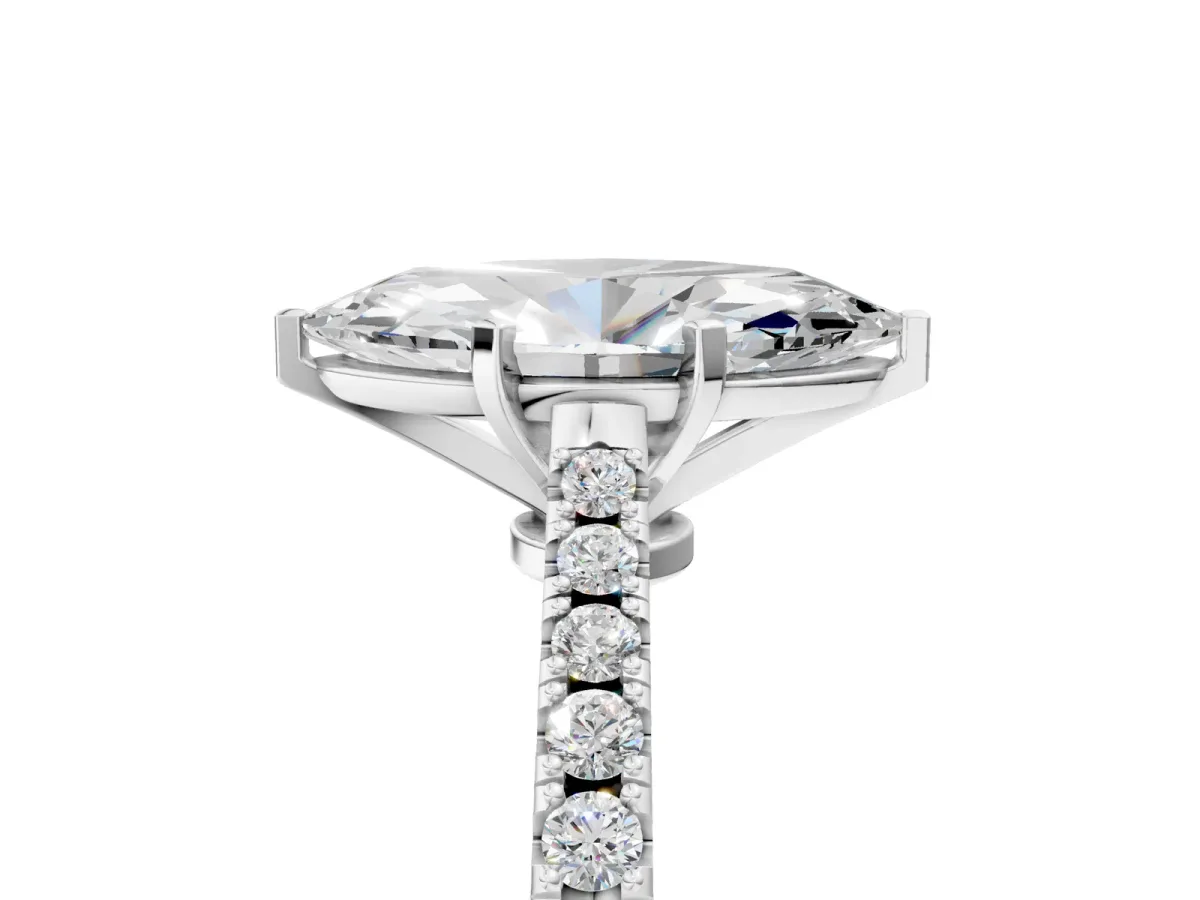 Marquise Cut Cut Solitaire Diamond Engagement Ring with Pave Band and Four-Prong Setting Silver