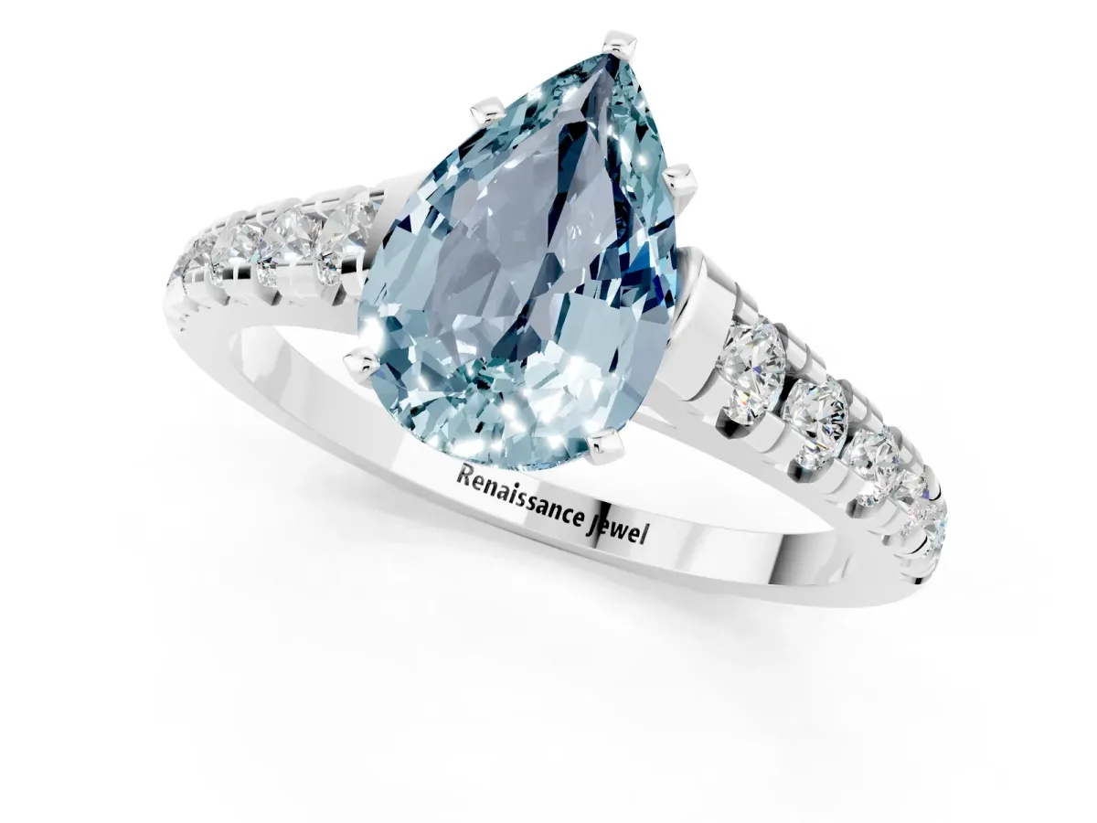 Pear Cut Aquamarine Cathedral Solitaire Ring with Round Pavé Band Silver