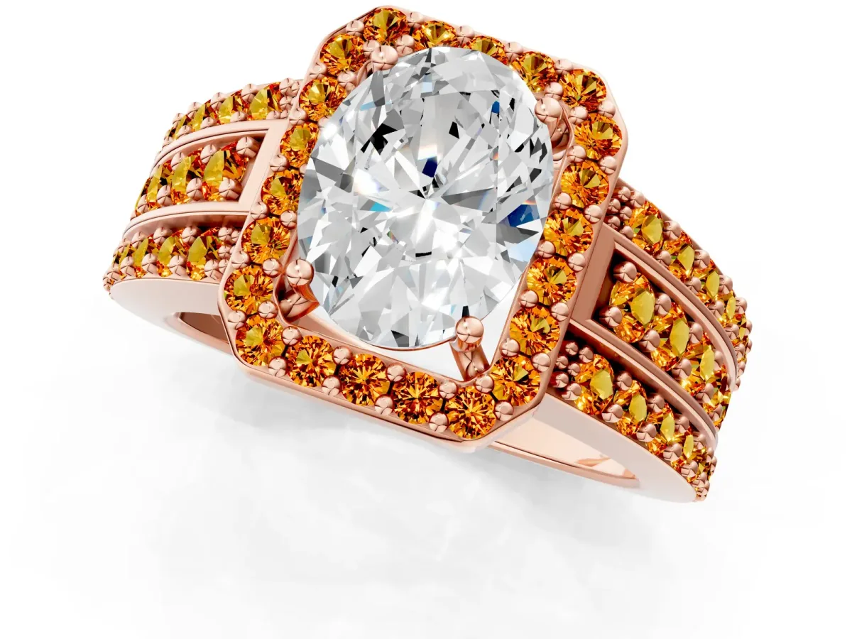 Oval Cut Halo Diamond Ring with Round Citrine Split Shank and Prong Setting Rose gold