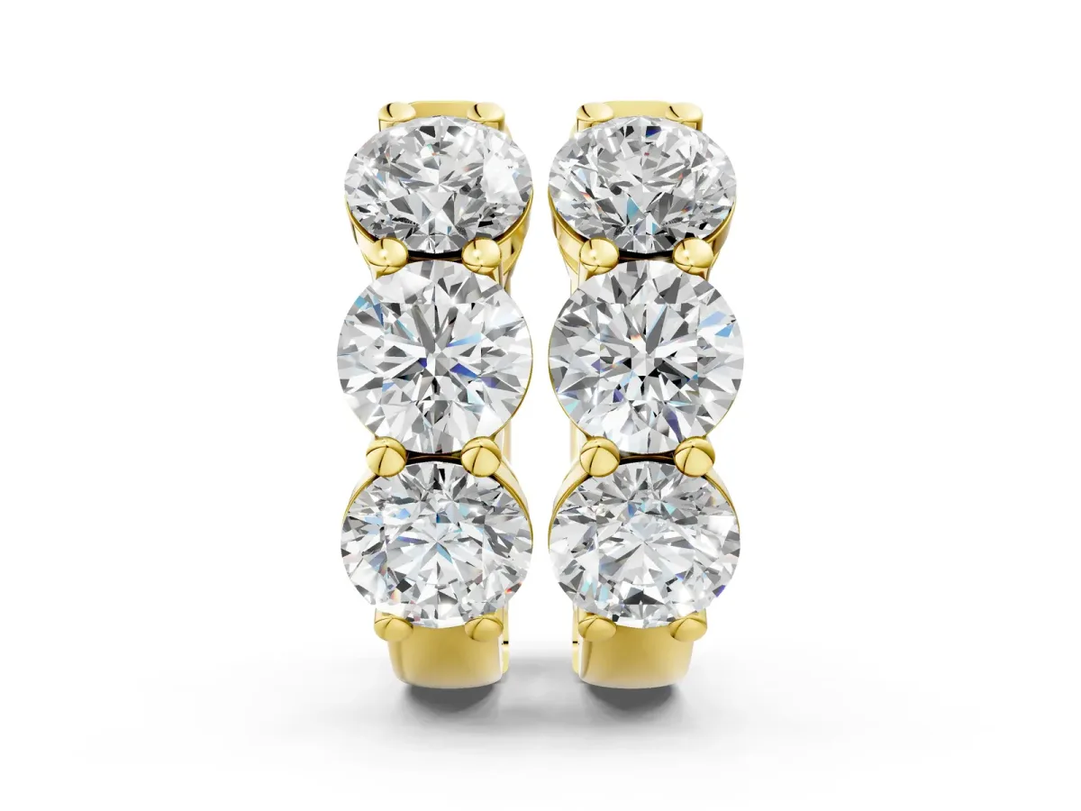 Triple Round Diamond Huggie Earrings with Prong Setting Yellow gold