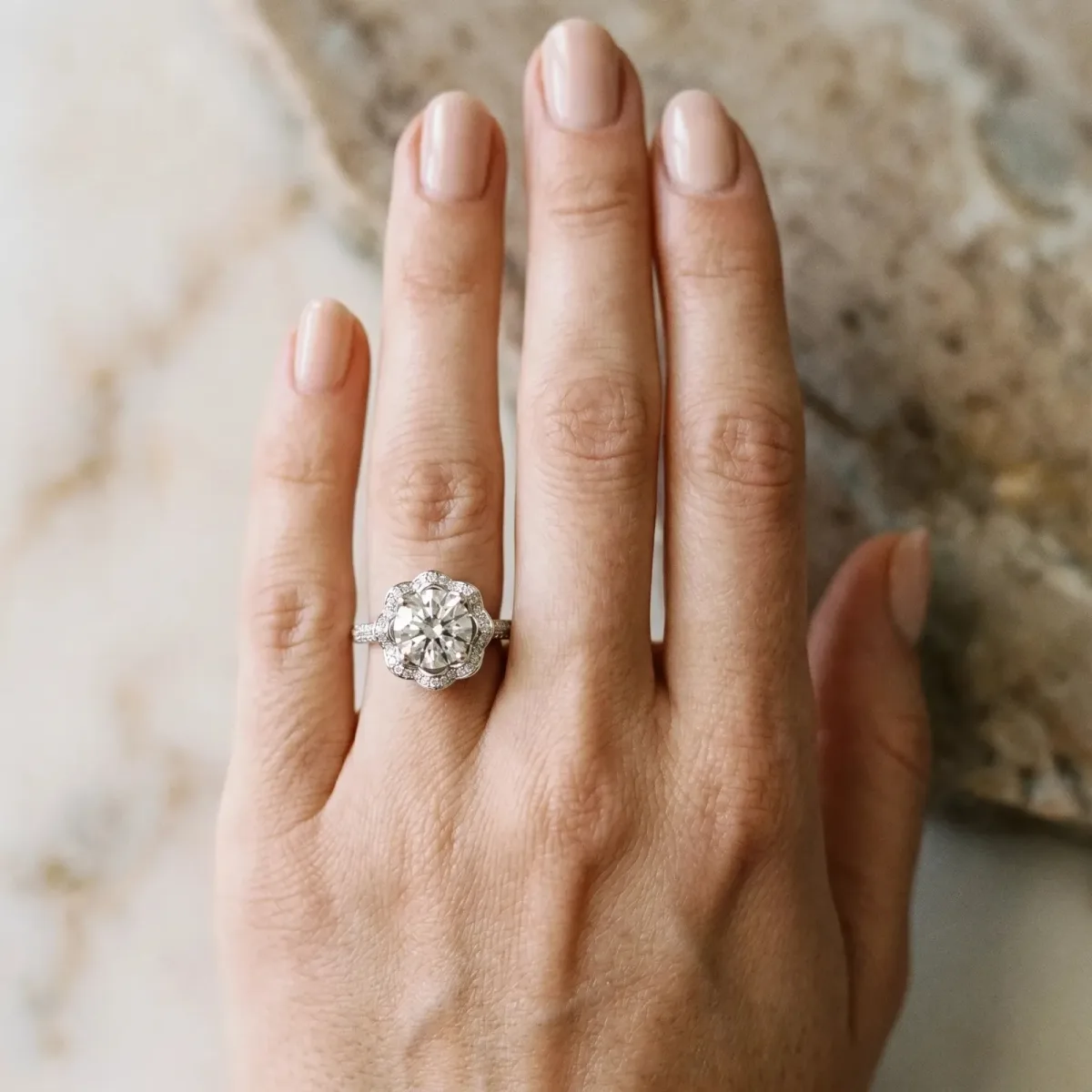 Round Cut Halo Diamond Floral Pave Band Ring with Four-Prong Setting Silver