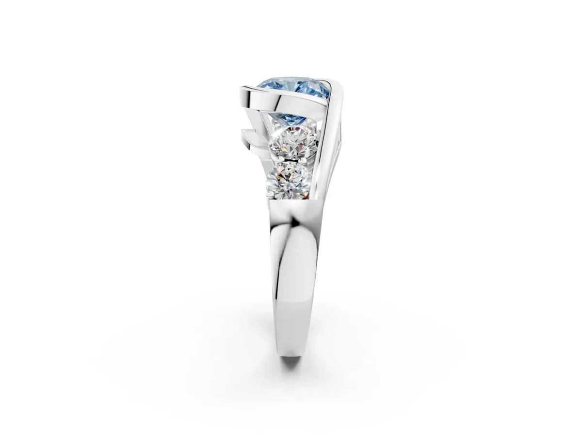 Fancy Blue Bezel Set Cushion Cut Diamond Bypass Ring with Round Accents Silver