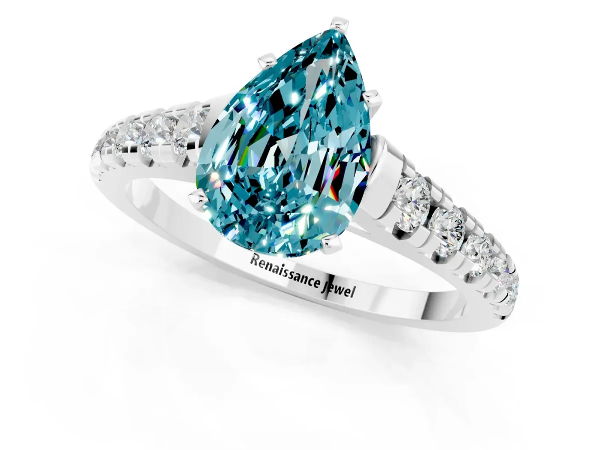 Pear Cut Blue Topaz Cathedral Solitaire Ring with Round Pavé Band Silver