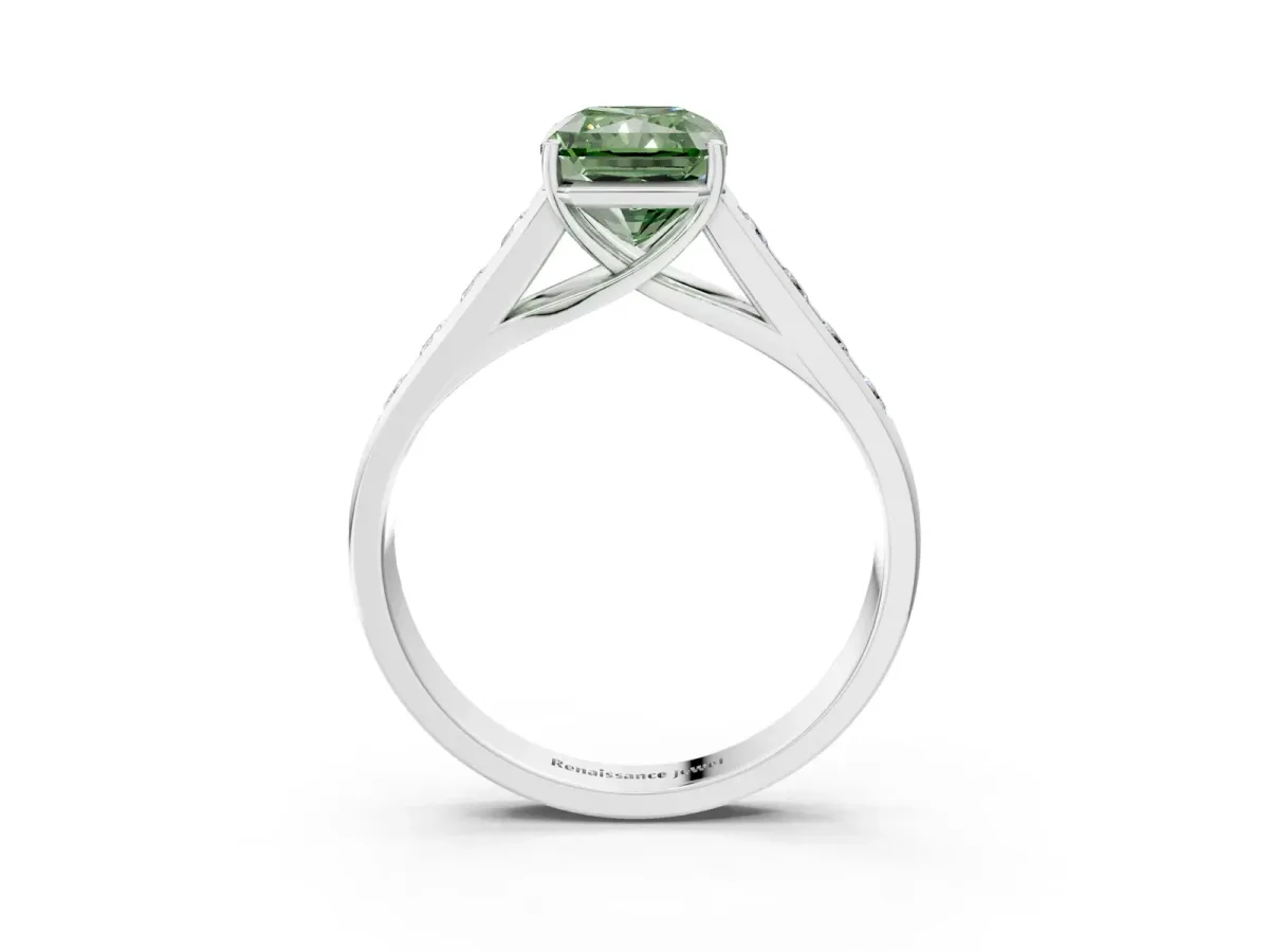 Fancy Green Radiant Cut Solitaire Channel-Set Diamond Engagement Ring with Four-Prong Setting Platinum