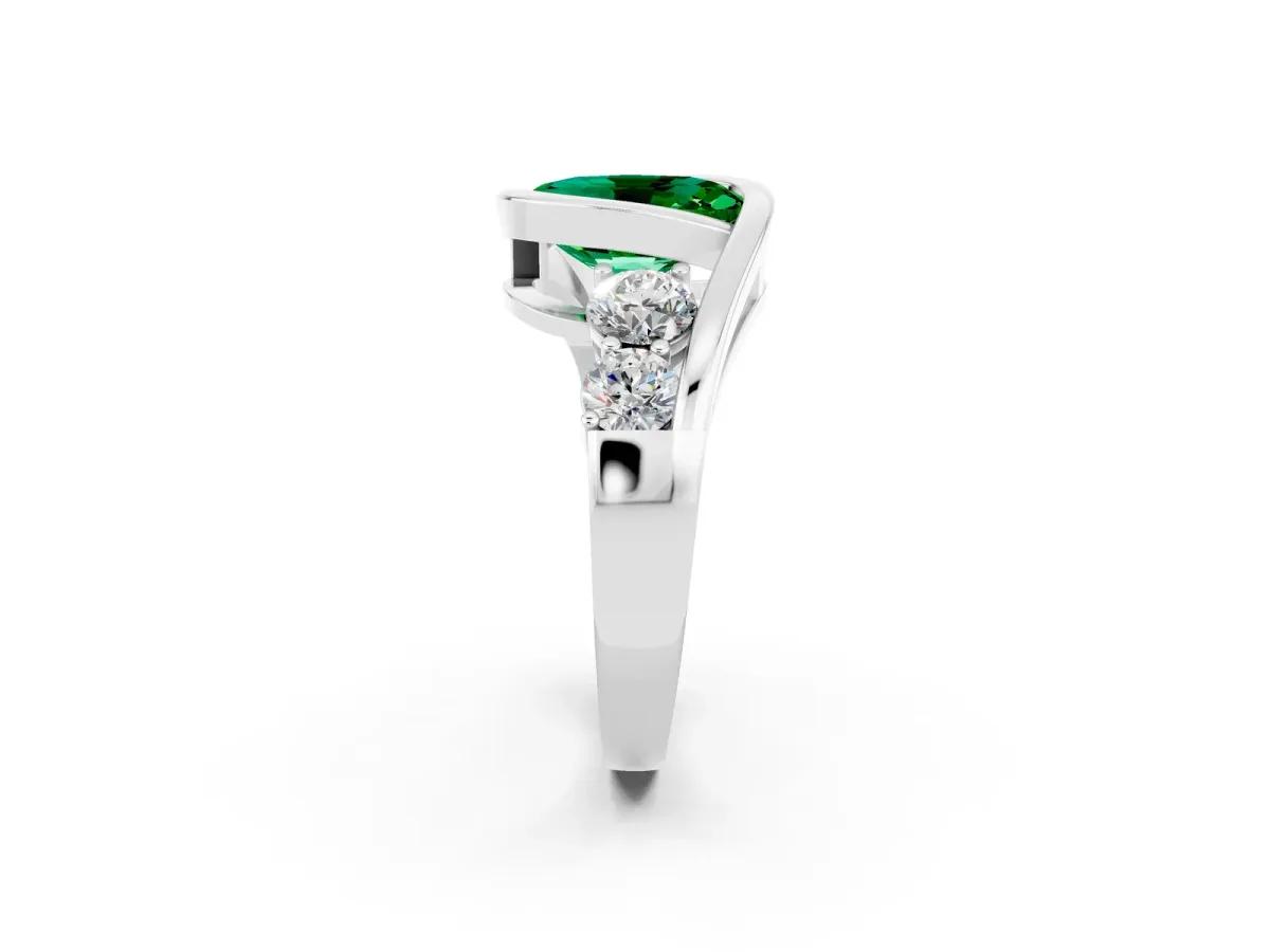 Bezel Set Oval Cut Emerald Bypass Ring with Round Accents Silver