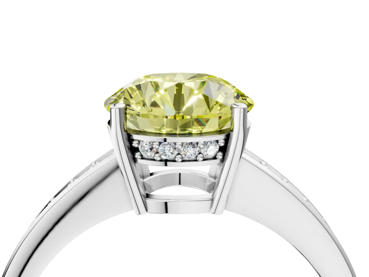 Fancy Yellow Asscher Cut Solitaire Pavé Band Prong Setting Ring Platinum