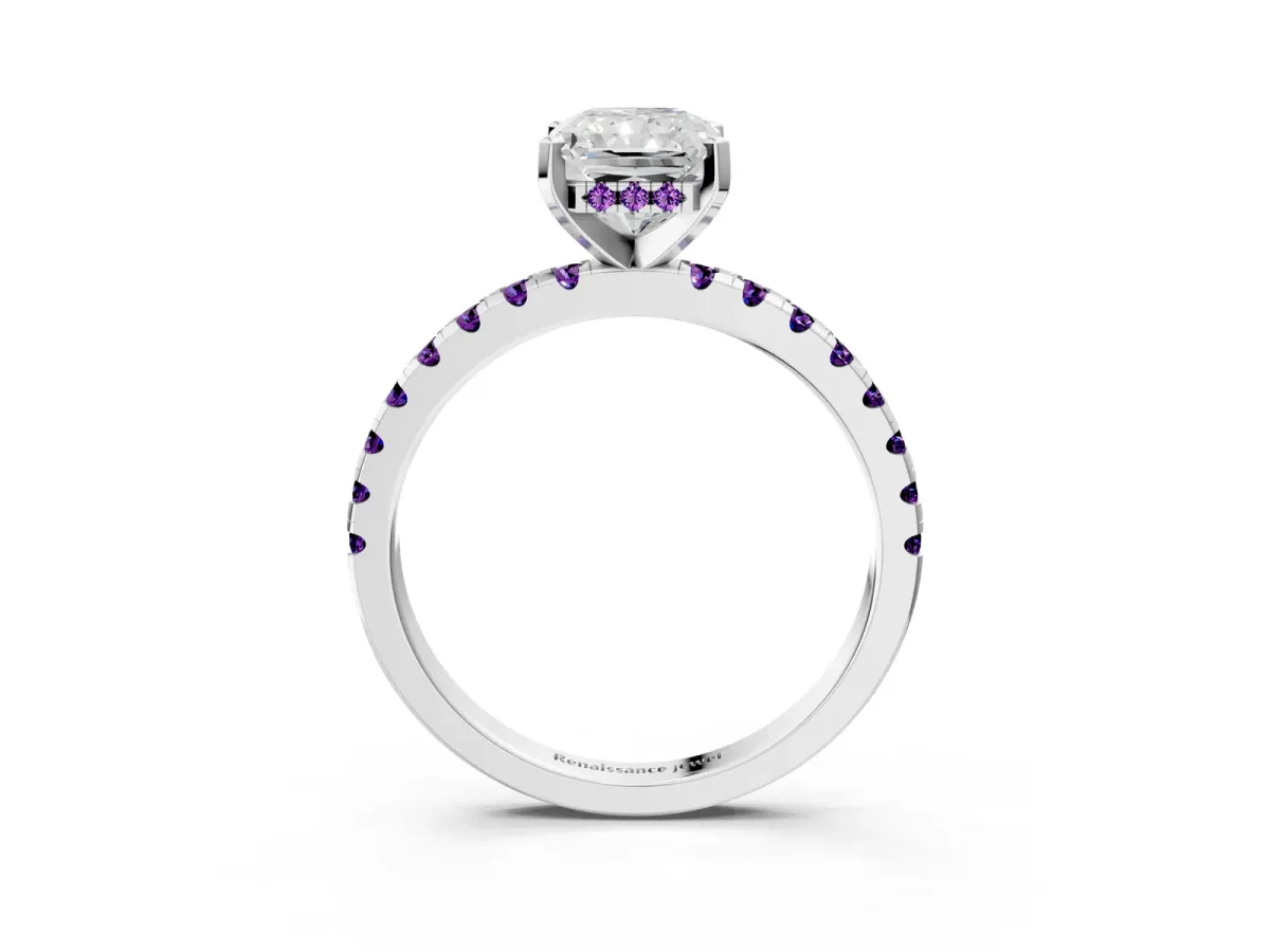 Radiant Cut Diamond Solitaire Ring with Round Amethyst Pavé Band and Four-Prong Setting Silver