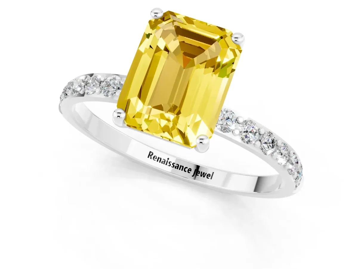 Emerald Cut Yellow Sapphire Solitaire Ring with Round Pavé Band and Prong Setting Platinum