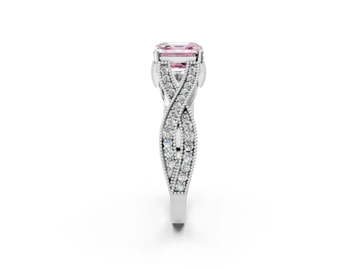 Fancy Pink Asscher Cut Cut Diamond Twisted Band with Milgrain Pave Setting and Four-Prong Setting Platinum