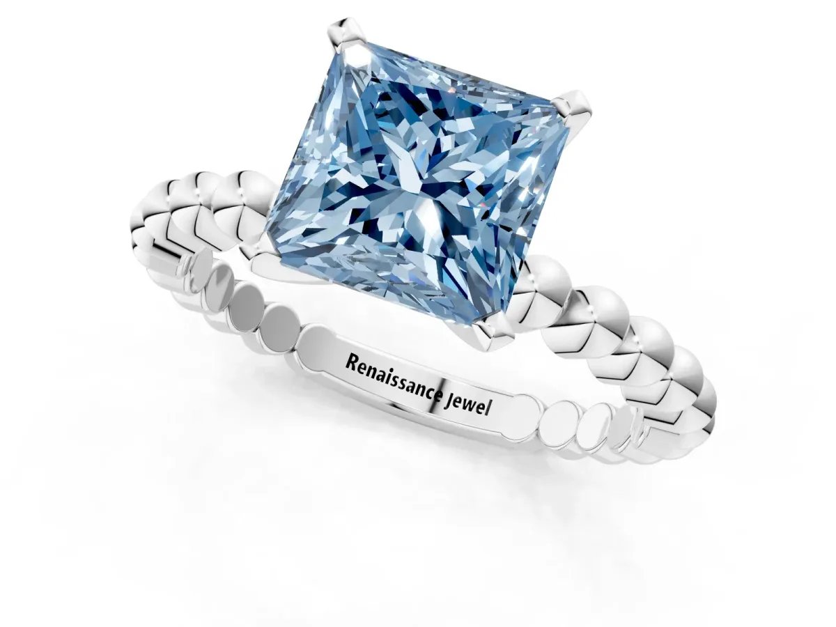 Fancy Blue Princess Cut Diamond Solitaire Ring with Beaded Band and Prong Setting Platinum