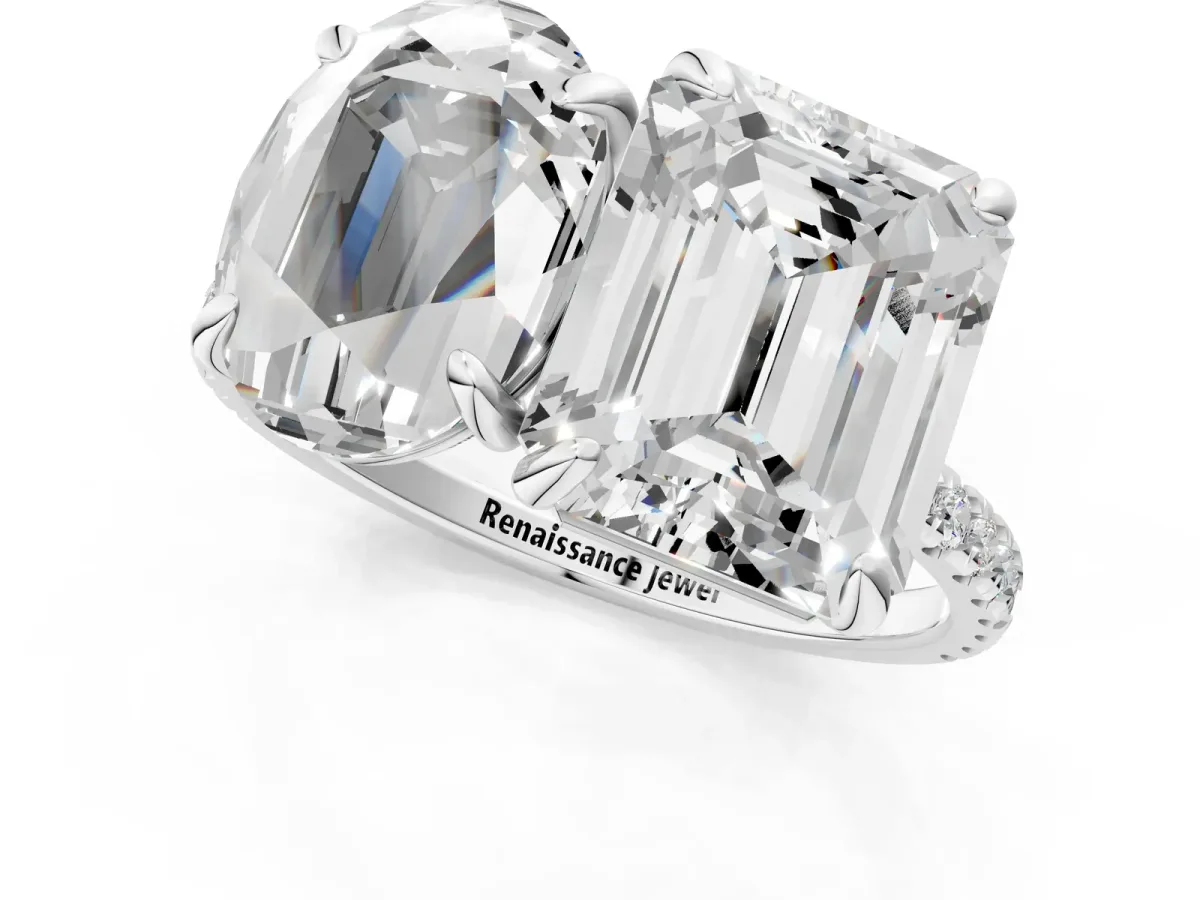 Oval and Radiant Toi Moi Ring with Prong Setting and Pave Band Silver