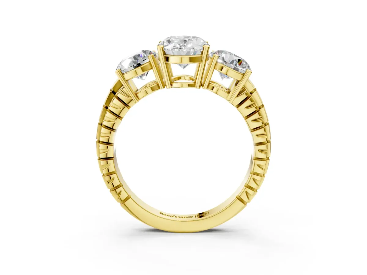 Three-Stone Oval Cut Cut Diamond Ring with Channel-Set Band and Prong Setting Yellow gold