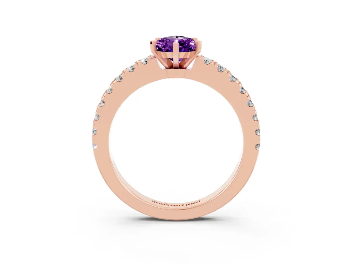 Pear Cut Solitaire Amethyst with Pavé Band and Four-Prong Setting Rose gold