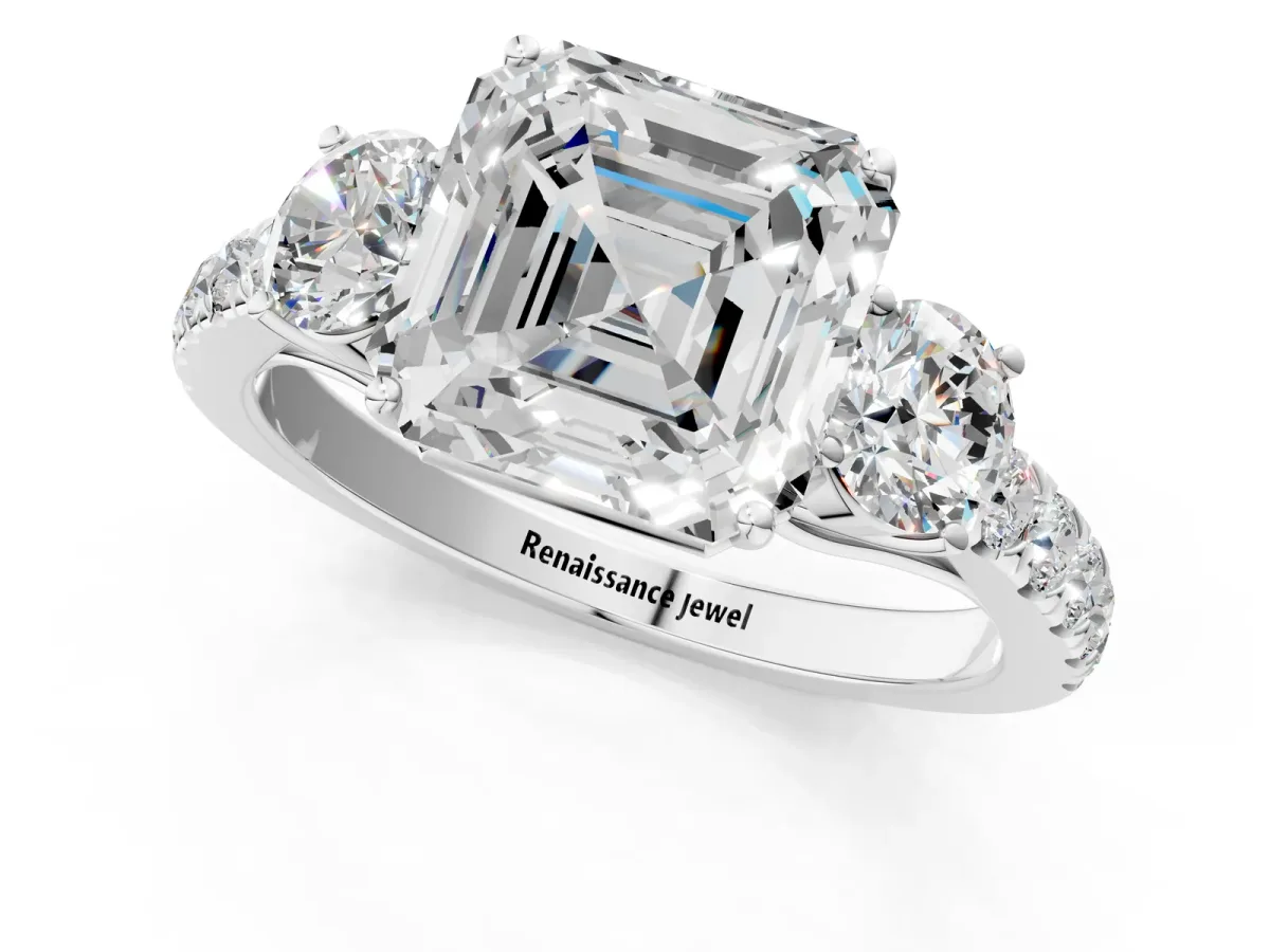 Asscher Cut Cut Diamond Three-Stone Ring with Round Side Stones and Pavé Band Platinum