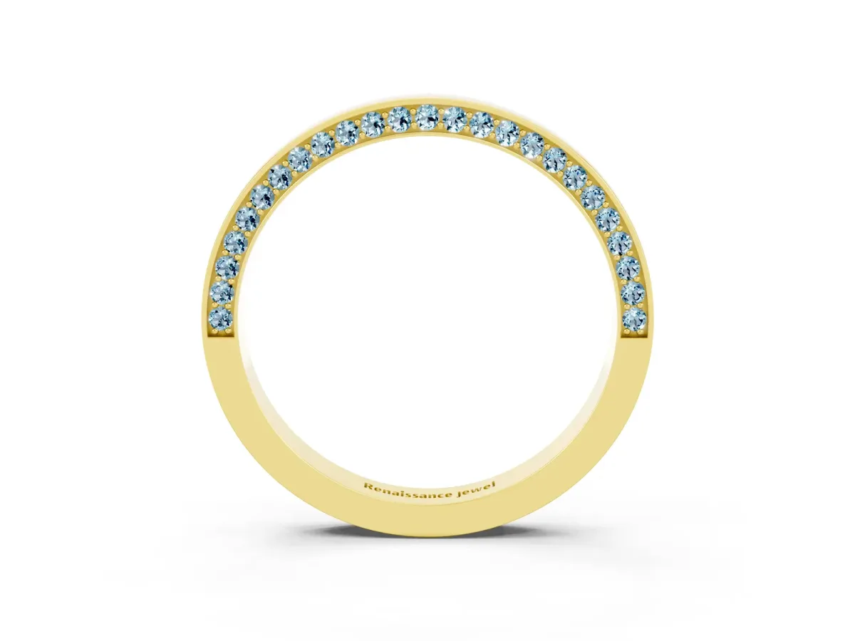Pavé Round Aquamarine Channel Set Band Yellow gold