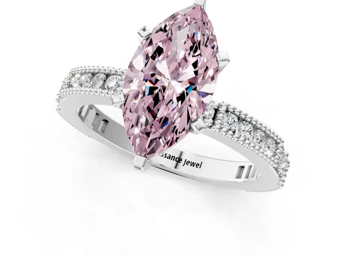 Fancy Pink Marquise Cut Solitaire with Pavé Band and Four-Prong Setting Silver